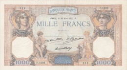 BILLETS - 1000 F CERES ET MERCURE - N°  C  . 1323 - 111 - 30 AVRIL 1931 . P . - 1 000 F 1927-1940 ''Cérès Et Mercure''