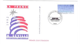 Lettre Premier FDC Cover : Le Pavillon De  LA FRANCE A SEVILLE , Exposition Universelle 18 Janvier 1992 , TB - 1992 – Sevilla (Spanien)