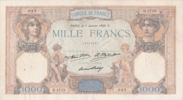 - BILLETS - 1000 F CERES ET MERCURE  - N° - D . 1713 - 697 - 7 JANVIER 1932 . V - - 1 000 F 1927-1940 ''Cérès Et Mercure''