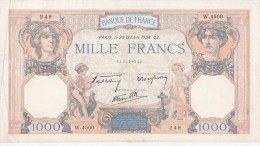 - BILLETS -  1000 F - CERES ET MERCURE -  N° W . 4500 -249 - 20 OCTOBRE 1938 QZ - - 1 000 F 1927-1940 ''Cérès Et Mercure''