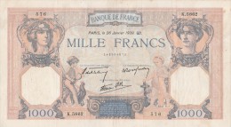 - BILLETS -  1000 F - CERES ET MERCURE -  N° K 5862 - 576 -  26 JANVIER 1939 QB - - 1 000 F 1927-1940 ''Cérès Et Mercure''