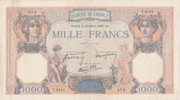 - BILLETS -  1000 F - CERES ET MERCURE -  N° Y . 6751 . 478   - 30 MARS 1939 . LL . - 1 000 F 1927-1940 ''Cérès Et Mercure''