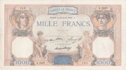 - BILLETS -  1000 F - CERES ET MERCURE -  N° K . 2807 . 185   - 22 AVRIL 1937 - L . - 1 000 F 1927-1940 ''Cérès Et Mercure''