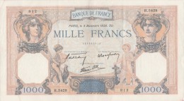 - BILLETS -  1000 F - CERES ET MERCURE -  N°  . H . 5428 . 812 - 3 NOVEMBRE 1938 - SU - - 1 000 F 1927-1940 ''Cérès Et Mercure''