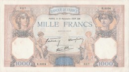 - BILLETS -  1000 F - CERES ET MERCURE -  N°  . R . 8324 . 607 -16  NOVEMBRE 1939 - BM  - - 1 000 F 1927-1940 ''Cérès Et Mercure''