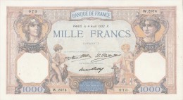 - BILLETS -  1000 F - CERES ET MERCURE -  N° W . 2074 . 073 . 4 AOUT 1932 . X . - 1 000 F 1927-1940 ''Cérès Et Mercure''