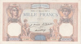 - BILLETS -  1000 F - CERES ET MERCURE -  N° F . 664 . 022 . 7 NOVEMBRE 1927 . A  . - 1 000 F 1927-1940 ''Cérès Et Mercure''