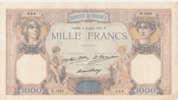 - BILLETS -  1000 F - CERES ET MERCURE -  N° B 1942 . 944 . 2 JUIN 1932 . K . - 1 000 F 1927-1940 ''Cérès Et Mercure''