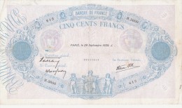 - BILLETS - 500 F - BLEU ET ROSE - N° H . 3600 -613 - 28 SEPTEMBRE 1939 - 500 F 1888-1940 ''Bleu Et Rose''