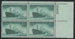 Plate Block -1946 USA Merchant Marine In World War II Stamp Sc#939 Historic Cargo Ship - Plaatnummers