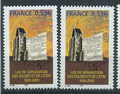 [12] Variété : N° 3860 Loi De Séparation Des églises Et De L'état Ciel Jaune-orange Au Lieu D'orange + Normal ** - Unused Stamps