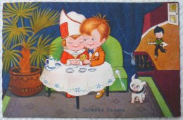 Cp Litho ILLUSTRATEUR AMAG 0876 BORISS Couple Enfants Enfant Au Restaurant Avec Chien Serveur - Boriss, Margret