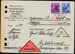 1948. BERLIN. Black Overprint. 50 Pf. (Defekt) + 6 Pf. Nachnahme OST + WEST MARK. Postk... (Michel: 13) - JF181555 - Lettres & Documents