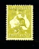 AUSTRALIA - 1922  KANGAROO  3 D. OLIVE  DIE IIB  3rd  WATERMARK   MINT NH  SG37e - Ungebraucht