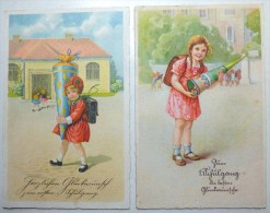 Cpa Lot 2x Litho ILLUSTRATEUR Baumgarten ? Enfant Fille Cornet Bonbon Cour Fete 1er Jour Ecole Sac Ecolier Cartable - Primo Giorno Di Scuola