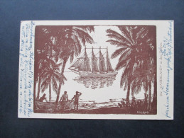 AK / Künstlerkarte 1927 Die "Vaterland" In Den Tropen. Segelschiff. USA - Berlin. Air Mail. H. Volkert - Sonstige & Ohne Zuordnung