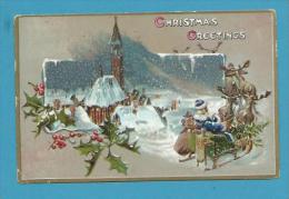 CPA Fantaisie Gaufrée Embossed Père Noël Bleu Traineau Rênes Jouets Paysage Houx - Kerstman