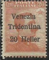 TRENTINO ALTO ADIGE 1918 SOPRASTAMPATO D´ITALIA ITALY OVERPRINTED NUOVO VALORE 20 H SU 20 C MNH - Trentino