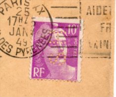 1949 - Paris XX -  Marianne De Gandon N°811 Perforé SH (Ets SIEGEL). Obl RBV "AIDEZ L´ENTR´AIDE FRANCAISE A VAINCRE LA M - Other & Unclassified