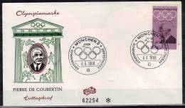 ALLEMAGNE   FDC  Cachet   MUNCHEN  2   Le    6-6-68  Jo 1968    Coubertin Flamme Logo Lutte Course Saut En Longueur - Ringen