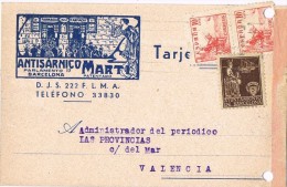16028. Tarjeta Comercal Privada BARCELONA 1940. Recargo Exposicion. ANTISARNICO MARTÍ - Barcelona