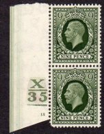 GB George V 1934-6 9d Photogravure X35 Plate 15 Cylinder Pair, MNH Hinge In Margin & Vertical Crease - Unused Stamps