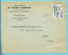 487 Op Brief Met Stempel ANTWERPEN, Met Firmaperforatie (perfin) "AMDT" Van Agence Maritime DE KEYSER THORNTON - 1934-51