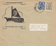Nr 554 Met Bijfrankering, Zeevischgroothandel Vischmijn Oostende Naar St. Imier Suisse (7675) - Typos 1936-51 (Petit Sceau)