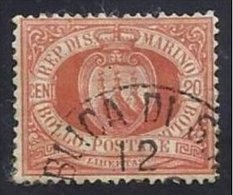 1877 San Marino Saint Marin CIFRA O STEMMA 20c Rosso (4) Usato USED - Used Stamps