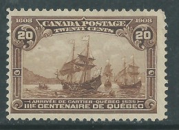 Canada N° 92 ( . ) Tricentenaire De La Fondation Du Québec : 20 C. Brun Neuf Sans Gomme  Sinon TB - Unused Stamps
