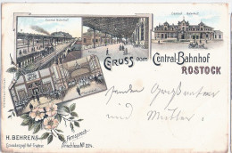 Gruss Vom Central Bahnhof ROSTOCK Color Litho Gelaufen Mit Bahnpost 7.7.1898 ZUG 64  ROSTOCK - GÜSTROW - Rostock