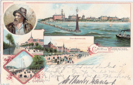 WARNEMÜNDE Color Litho Leuchtturm Lighthouse Mole Fischer Moltkestrasse Windmühle 24.6.1906 Gelaufen - Rostock