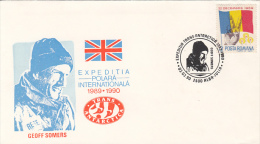 3324FM- GEOFF SOMERS, ANTARCTIC EXPEDITION, SPECIAL COVER, 1990, ROMANIA - Expediciones Antárticas