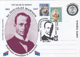 33884- DAOUGLAS MAWSON, ANTARCTIC EXPLORER, DOG, SPECIAL POSTCARD, 2007, ROMANIA - Polar Explorers & Famous People