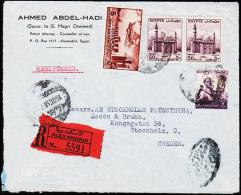 1956. ALEXANDRIE 16. OC. 56. 2 + 5 + 2x 50 M. To Sweden.  (Michel: 407+) - JF181680 - Covers & Documents
