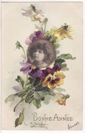 Carte Postale Fantaisie C.KLEIN - FLEUR Pensée  - Bonne Année - Montage Photo Jeune Fille En Médaillon - RARE  2 SCANS - - Klein, Catharina