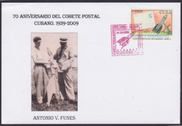 2009-CE-15 CUBA 2009. SPECIAL CANCEL.70 ANIV COHETE POSTAL. POSTAL ROCKET RED CANCEL. PRECURSORES: ANTONIO V. FUNES - Storia Postale