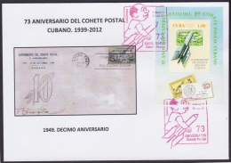 2012-CE-1 CUBA 2012. SPECIAL CANCEL.73 ANIV COHETE POSTAL. POSTAL ROCKET RED CANCEL. 1949 X ANIVERSARIO. - Lettres & Documents