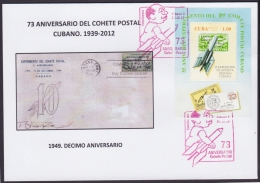 2012-CE-1 CUBA 2012. SPECIAL CANCEL.73 ANIV COHETE POSTAL. POSTAL ROCKET RED CANCEL. 1949 X ANIVERSARIO. - Covers & Documents