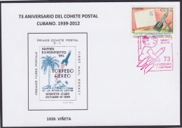 2012-CE-12 CUBA 2012. SPECIAL CANCEL.73 ANIV COHETE POSTAL. POSTAL ROCKET RED CANCEL. 1939: VIÑETA. - Briefe U. Dokumente