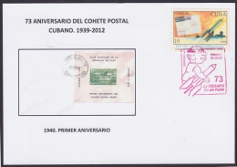 2012-CE-14 CUBA 2012. SPECIAL CANCEL.73 ANIV COHETE POSTAL. POSTAL ROCKET RED CANCEL. 1940: PRIMER ANIVERSARIO SOBRE CON - Cartas & Documentos