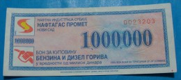 YUGOSLAVIA 1,000,000 DINARA BON FOR BENZIN AND DIESEL ND 1990's, AUNC. NOVI SAD. - Joegoslavië