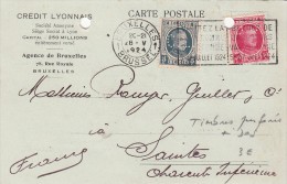 1924 CARTE BELGIQUE  CRÉDIT LYONNAIS. PERFORÉS 40c +5c. BRUXELLES POUR SAINTES CHARENTE. + TAXE FISCALE AU DOS  / 7321 - 1909-34