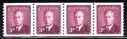 Canada MH Scott #296 3c King George VI, Rose Violet 'Postes-Postage' Omitted Coil Strip Of 4 - Markenrollen