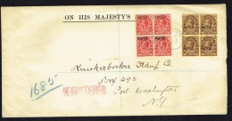 TURKS & CAICOS  1917 Registered OHMS Letter To USA Blocks Of  Local WAR TAX  Overprints  SG 140 X4, 141b X4 - Turks And Caicos
