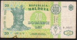 MOLDOVA  P13a   20  LEI   1992 FIRST DATE RARE   AVF   NO P.h. ! ! - Moldavie