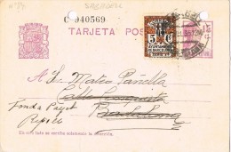 16144. Entero Postal SABADELL (Barcelona) 1935. Recargo Exposicion. REEXPEDIDA - Barcelona
