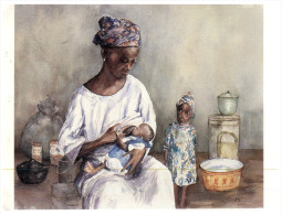 (652) Nigeria - Women And Baby + Little Girl (art)  + 2 Stamps At Back Of Postcard - Nigeria
