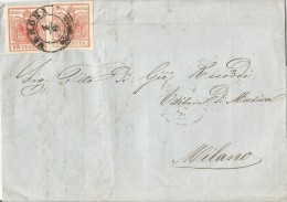 LV171- LOMBARDO VENETO- Lettera Del 1° Giugno 1854 Da Verona  A Milano Con 2 Valori 15 Cent .rosso 3° Tipo - Lombardo-Venetien