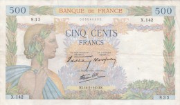 -  BILLETS - 500 F - LA PAIX - N° X . 142 - 835 - BX . 16 - 5 - 1940 . BX - - 500 F 1940-1944 ''La Paix''